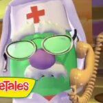 Green veggie character in a nurse's hat with a red cross, glasses, and a purple nose talks on a rotary phone; VeggieTales logo in corner.