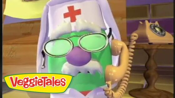Green veggie character in a nurse's hat with a red cross, glasses, and a purple nose talks on a rotary phone; VeggieTales logo in corner.