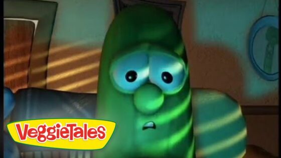 Green VeggieTales character with wide eyes and anxious expression, indoors, VeggieTales logo in the corner.