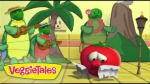 VeggieTales scene: a sad red tomato on tiled floor tearing paper as green veggies play guitars in the background; VeggieTales logo.