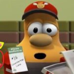 VeggieTales 30th anniversary graphic featuring a surprised orange veggie in a red cap holding a pizza order slip and a food box.
