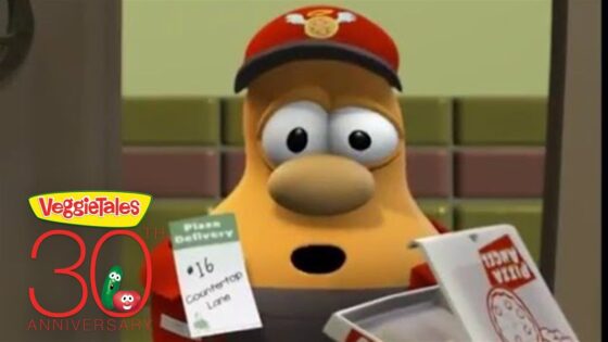 VeggieTales 30th anniversary graphic featuring a surprised orange veggie in a red cap holding a pizza order slip and a food box.