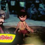 Animated VeggieTales scene: a small character stands in a shallow river with arms out, flanked by two blurred figures; VeggieTales logo in bottom-left.
