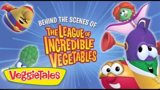 Behind-the-scenes banner for VeggieTales: The League of Incredible Vegetables with colorful veggie characters.