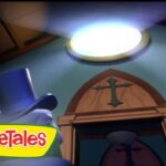 Animated VeggieTales scene with a blue top hat character in a room, logo reading 'VeggieTales' in the foreground.