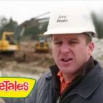 Construction site speaker wearing a hard hat, with machinery in the background; VeggieTales logo in the lower-left corner.