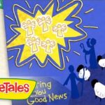 VeggieTales logo in a bright yellow and green banner over a blue poster with a large yellow starburst and small angel-like figures, plus silhouetted people and speech bubbles in the foreground.