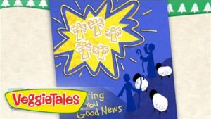 VeggieTales logo in a bright yellow and green banner over a blue poster with a large yellow starburst and small angel-like figures, plus silhouetted people and speech bubbles in the foreground.