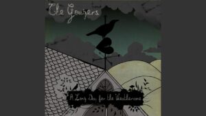 Album cover with a black crow perched on a weather vane atop a rooftop, cloudy green sky and rolling hills in the background; band name at the top and a dark banner with the album title.