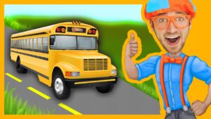 Cheerful cartoon-style yellow school bus on a road, with a smiling man in blue shirt and orange accessories giving a thumbs up.