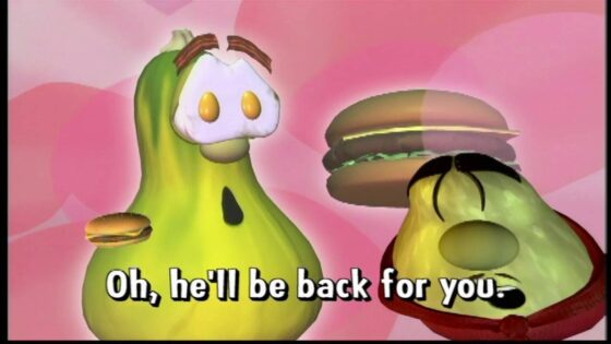 Two cartoon avocados with goofy faces, a floating hamburger, and a pink abstract background; caption reads, "Oh, he'll be back for you."