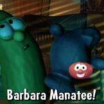 Cartoon scene from Barbara Manatee with two large green and blue manatees and a small red round friend between them.