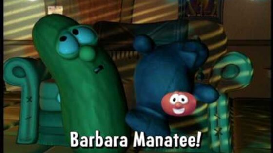 Cartoon scene from Barbara Manatee with two large green and blue manatees and a small red round friend between them.