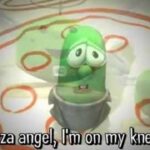 Green cartoon pepper with a halo, kneeling on a pizza-pattern background; caption reads 'Pizza angel, I'm on my knees.'