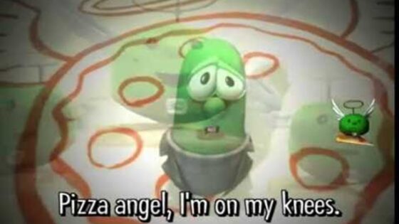 Green cartoon pepper with a halo, kneeling on a pizza-pattern background; caption reads 'Pizza angel, I'm on my knees.'