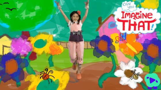 Young girl in pink jumpsuit jumps with arms raised in a bright, cartoon garden scene with colorful flowers and the words 'Can you imagine that!'.] ,