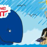 Bright cartoon of a blue whale and a girl in snorkeling gear riding a rock by the sea as the sun shines, with 'Imagine That!' logo in the corner, encouraging imagination.