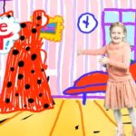 Young girl in a peach dress stands in a bright, cartoonish room with striped walls and a window; a speech bubble says 'Can you imagine that?'