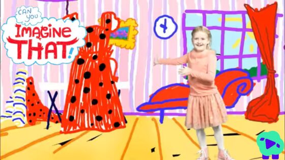 Young girl in a peach dress stands in a bright, cartoonish room with striped walls and a window; a speech bubble says 'Can you imagine that?'
