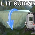 GoPro HERO3 mounted near a dam with a blue arrow and the bold text 'WILL IT SURVIVE?!' for a survival test video thumbnail,