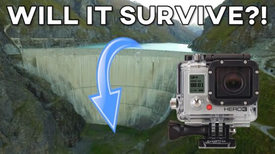 GoPro HERO3 mounted near a dam with a blue arrow and the bold text 'WILL IT SURVIVE?!' for a survival test video thumbnail,