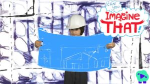 Child in a white hard hat holds a large blue blueprint showing a building sketch, set against a white-and-purple doodle background with a 'Imagine That!' speech bubble