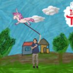 Young child stands in a bright cartoon yard, holding a rope attached to a flying unicorn with a sunny sky and houses in the background, playful scene.