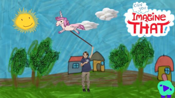 Young child stands in a bright cartoon yard, holding a rope attached to a flying unicorn with a sunny sky and houses in the background, playful scene.