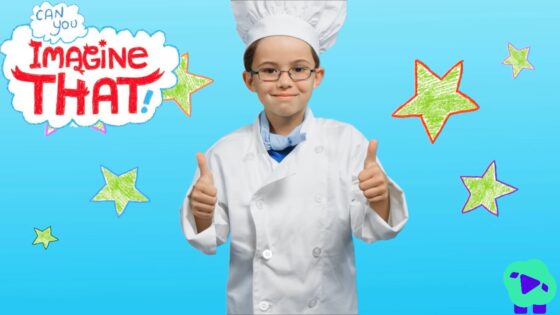 Young child in a chef's uniform giving thumbs up against a bright blue background with 'Imagine That!' lettering and colorful stars, conveying enthusiasm for cooking fun.