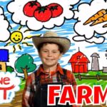 Smiling boy in a plaid shirt and straw hat stands in a bright cartoon farm scene with a red barn, windmill, trees, and bold 'FARMER' text.
