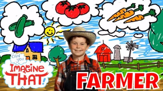 Smiling boy in a plaid shirt and straw hat stands in a bright cartoon farm scene with a red barn, windmill, trees, and bold 'FARMER' text.