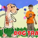 Child in an orange shirt stands beside a doodle-style dog drawing on a grassy field; bold red 'DOG TRAINER' text at the bottom right and a 'Imagine That' logo in the top left.
