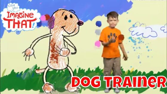 Child in an orange shirt stands beside a doodle-style dog drawing on a grassy field; bold red 'DOG TRAINER' text at the bottom right and a 'Imagine That' logo in the top left.