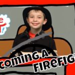 Smiling boy in a cartoon car, wearing a hat; bold title reads 'Becoming A Firefighter' with the white 'Imagine That!' logo.