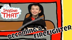 Smiling boy in a cartoon car, wearing a hat; bold title reads 'Becoming A Firefighter' with the white 'Imagine That!' logo.