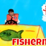 Child wearing an orange life jacket steers a bright yellow boat with a green fish drawing on a blue sky background.