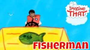 Child wearing an orange life jacket steers a bright yellow boat with a green fish drawing on a blue sky background.