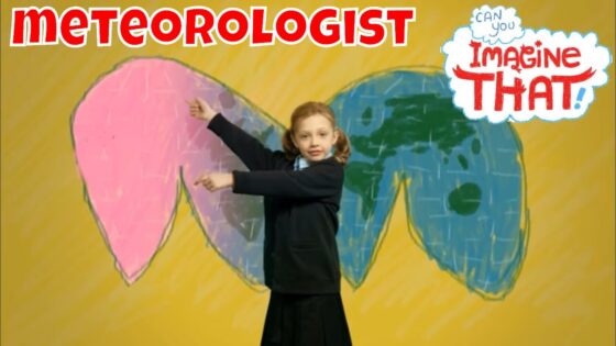 Young girl poses as a meteorologist in front of a colorful chalk-drawn world map backdrop with the word METEOROLOGIST and the Imagine That! logo.