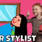 Smiling girl in leopard print holds a red hairbrush beside a cartoon figure, thumbs up, with 'HAIR STYLIST' text on a pink background (kids video thumbnail).