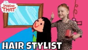 Smiling girl in leopard print holds a red hairbrush beside a cartoon figure, thumbs up, with 'HAIR STYLIST' text on a pink background (kids video thumbnail).