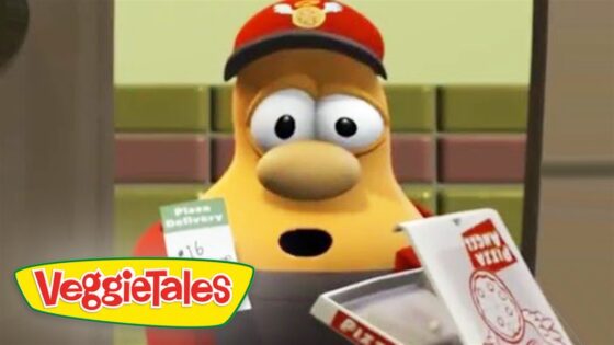 Cartoon yellow character wearing a red delivery cap behind a pizza counter, VeggieTales logo in the corner.