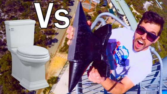 Thumbnail showing a man in sunglasses on a ride holding a large black anchor-like object beside a white toilet with a bold 'VS' between them.
