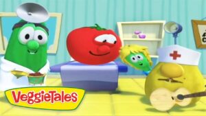 Tomato on a scale with a green veggie doctor beside a yellow guitar-playing nurse in a VeggieTales scene.