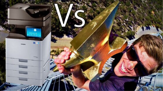 Printer on the left contrasted with a man holding a large gold trophy on the right, with a bold 'VS' between them (comparison theme).