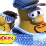 Two VeggieTales characters in a bubble-wrap raft, one wearing sunglasses and the other in a blue hat; VeggieTales logo in the corner.