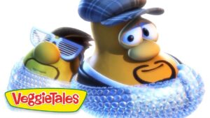 Two VeggieTales characters in a bubble-wrap raft, one wearing sunglasses and the other in a blue hat; VeggieTales logo in the corner.