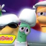 Three VeggieTales characters in chef outfits look worried against a purple background, with the VeggieTales logo in the lower-left corner.