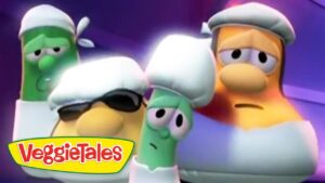 Three VeggieTales characters in chef outfits look worried against a purple background, with the VeggieTales logo in the lower-left corner.