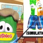 Green VeggieTales character points to a poster showing two animated vegetables wearing blue plaid shorts labeled SIMULATION.