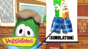 Green VeggieTales character points to a poster showing two animated vegetables wearing blue plaid shorts labeled SIMULATION.